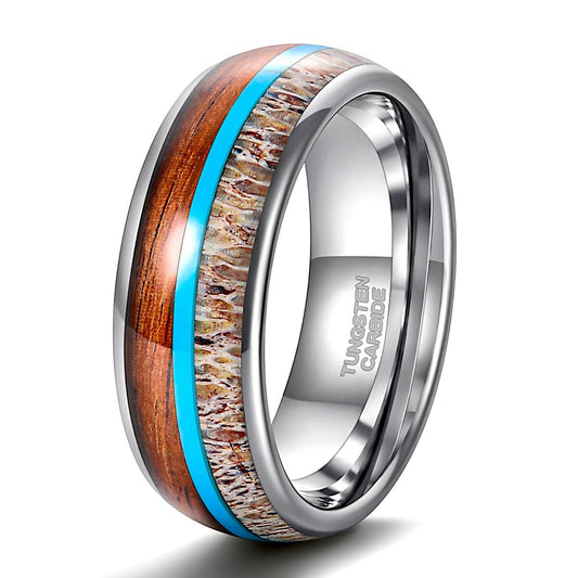 8mm Real Antlers and Turquoise Wood Inlay Tungsten Carbide Ring