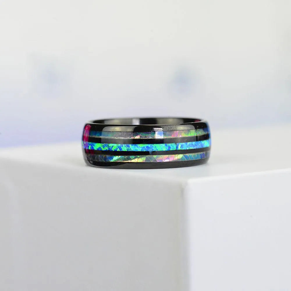 8mm Rose Gold Ring Tungsten Stainless Steel Rings Inlay Abalone Shell Blue Opal Rings Men Wedding Jewelry