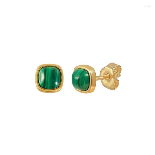 Stud Earrings 925 Sterling Silver Square Emerald Green Malachite Piercing Studs