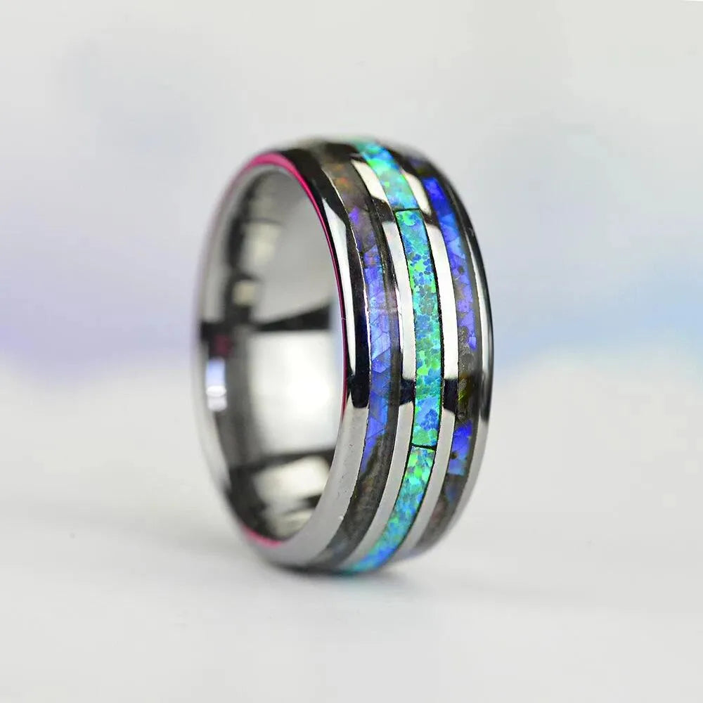 8mm Rose Gold Ring Tungsten Stainless Steel Rings Inlay Abalone Shell Blue Opal Rings Men Wedding Jewelry