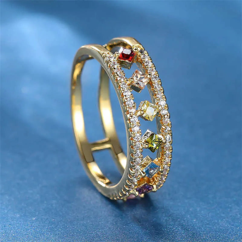 Dainty Square Zircon Engagement Ring Rainbow Crystal Stone CZ band