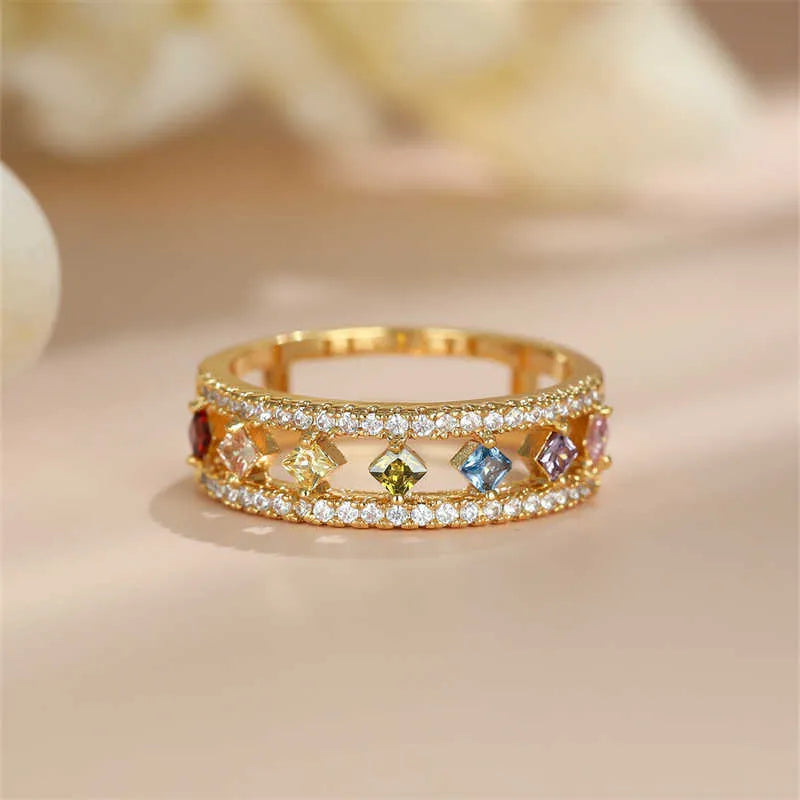 Dainty Square Zircon Engagement Ring Rainbow Crystal Stone CZ band