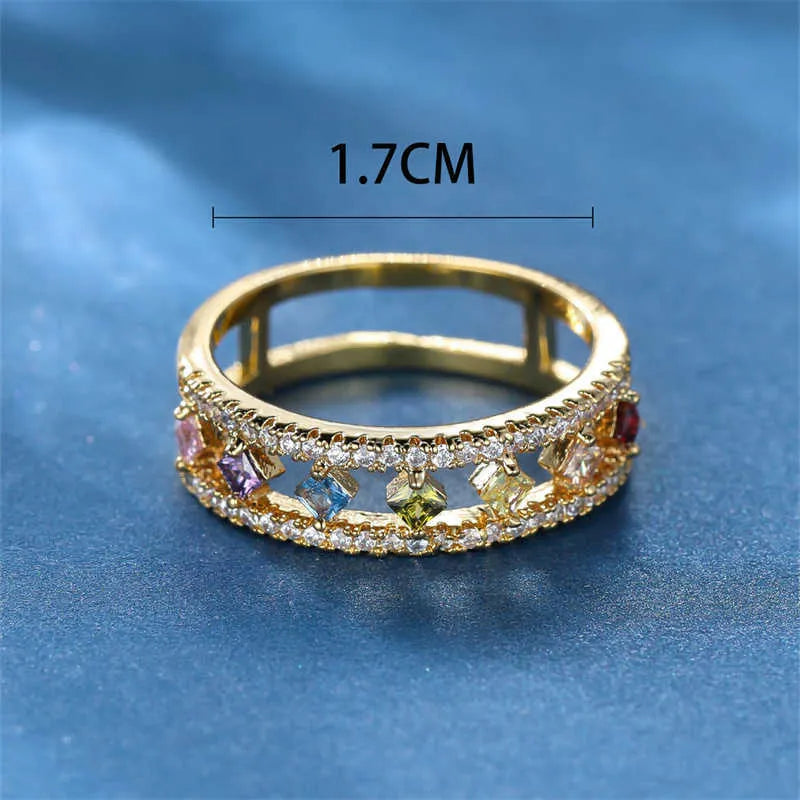 Dainty Square Zircon Engagement Ring Rainbow Crystal Stone CZ band