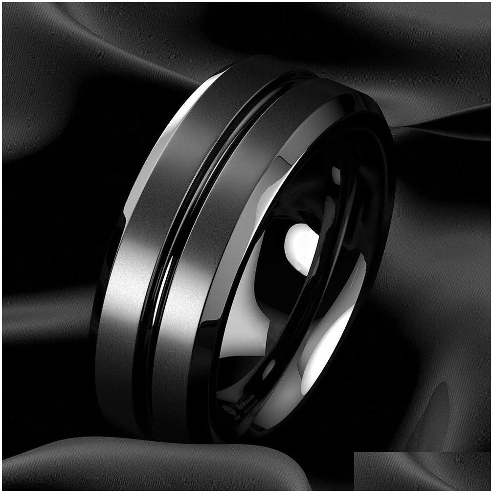 8mm Mens Jewelry Tungsten Carbide Ring Black Groove Stainless Steel Wedding Ring