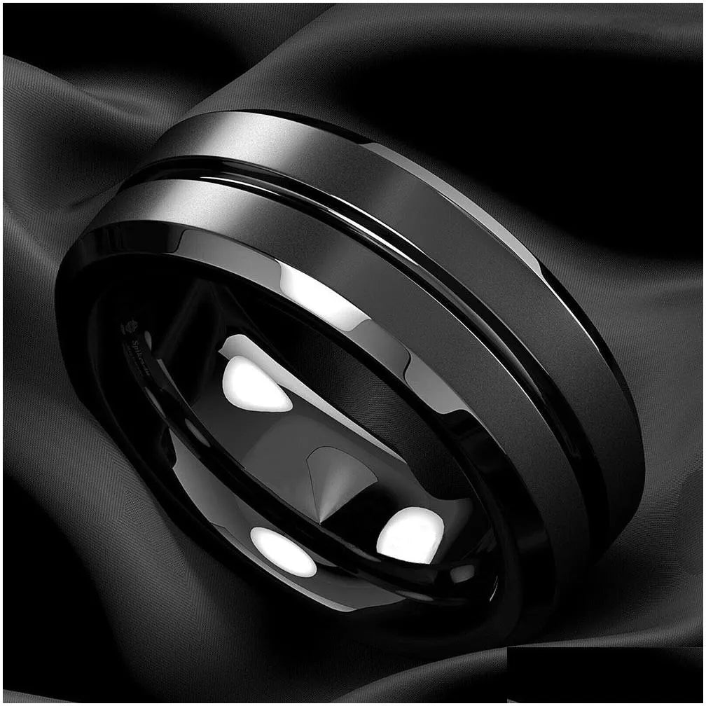 8mm Mens Jewelry Tungsten Carbide Ring Black Groove Stainless Steel Wedding Ring