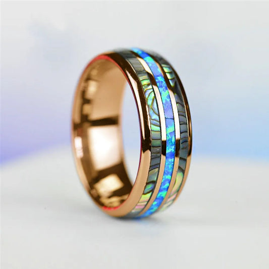 8mm Rose Gold Ring Tungsten Stainless Steel Rings Inlay Abalone Shell Blue Opal Rings Men Wedding Jewelry
