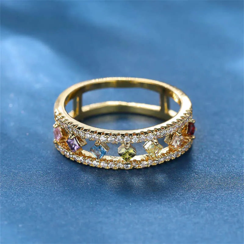 Dainty Square Zircon Engagement Ring Rainbow Crystal Stone CZ band