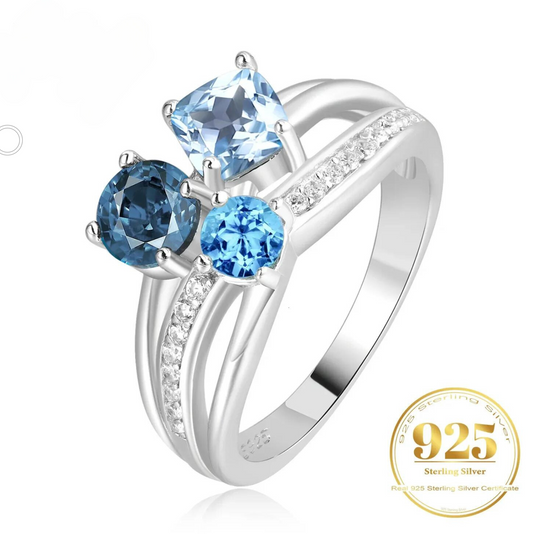 Genuine Natural Swiss London Sky Blue Topaz 925 Sterling Silver 3 Stones Luxury Ring for Women