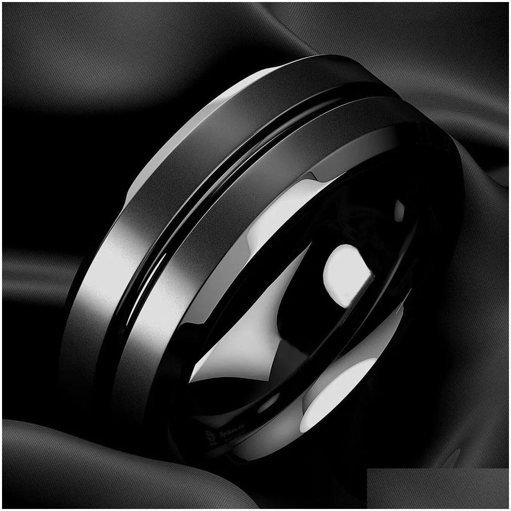 8mm Mens Jewelry Tungsten Carbide Ring Black Groove Stainless Steel Wedding Ring