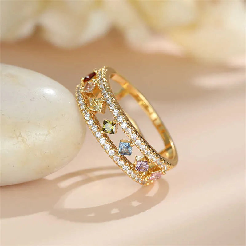 Dainty Square Zircon Engagement Ring Rainbow Crystal Stone CZ band