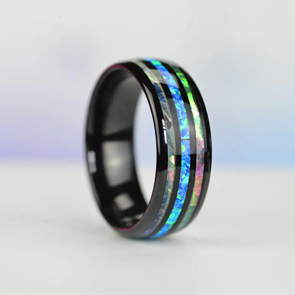 8mm Rose Gold Ring Tungsten Stainless Steel Rings Inlay Abalone Shell Blue Opal Rings Men Wedding Jewelry