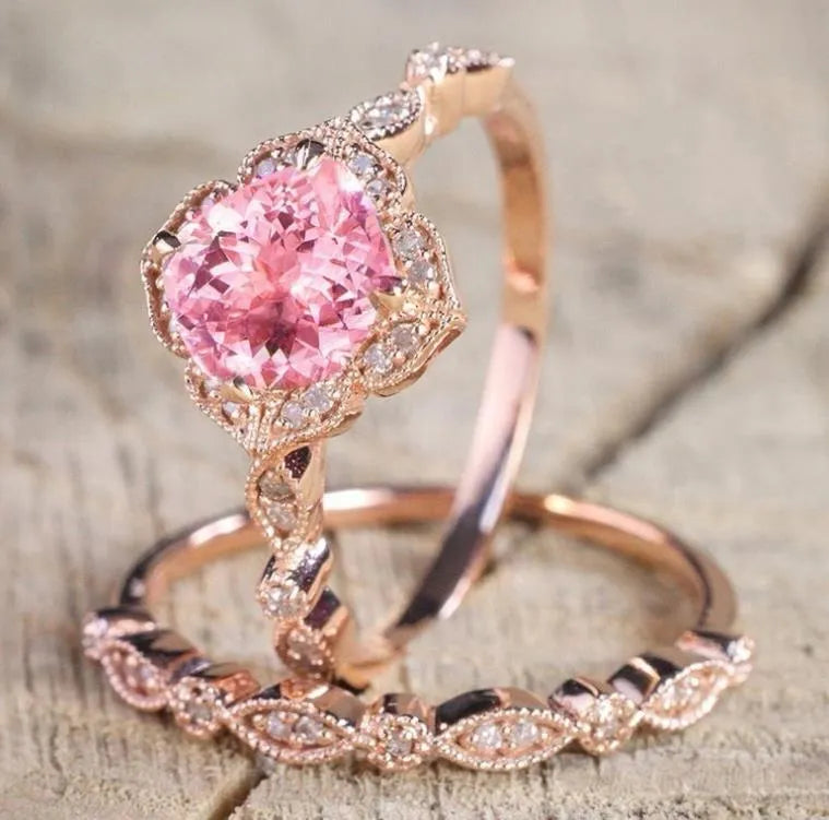 Titanium Morganite Rings For Women Pink Gemstone Engagement Anniversary Band Ring Set