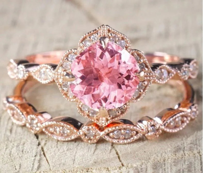 Titanium Morganite Rings For Women Pink Gemstone Engagement Anniversary Band Ring Set