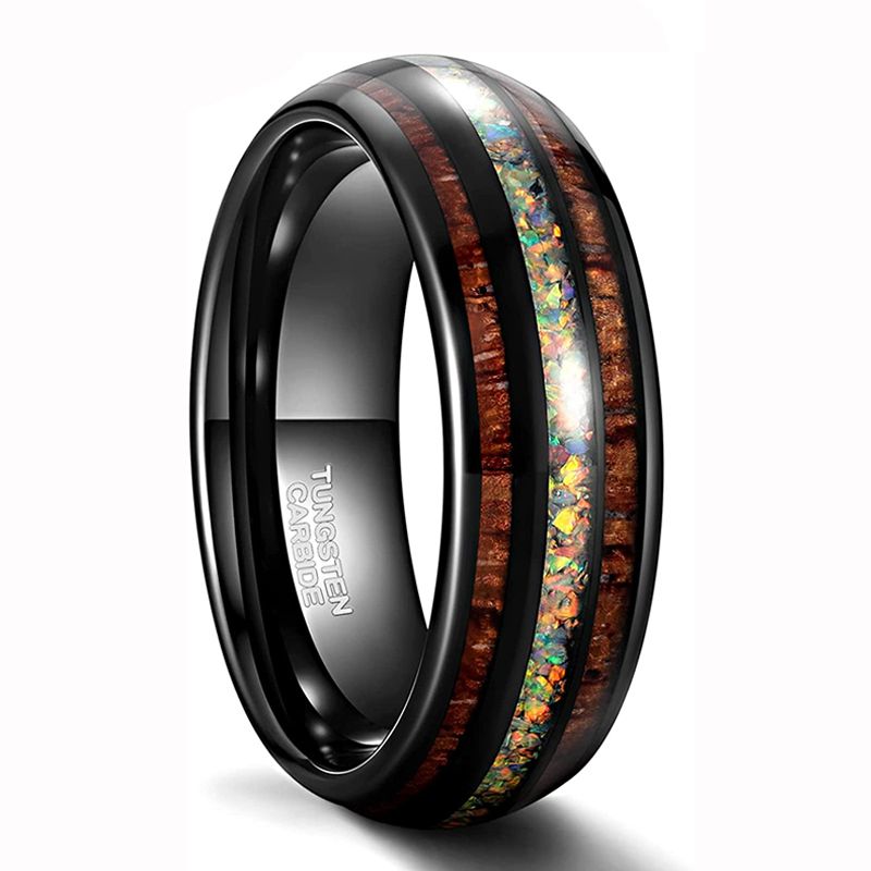 8mm Abalone Shell Black Tungsten Carbide High Polish Real Hawaiian Koa Wood Galaxy Opal Ring
