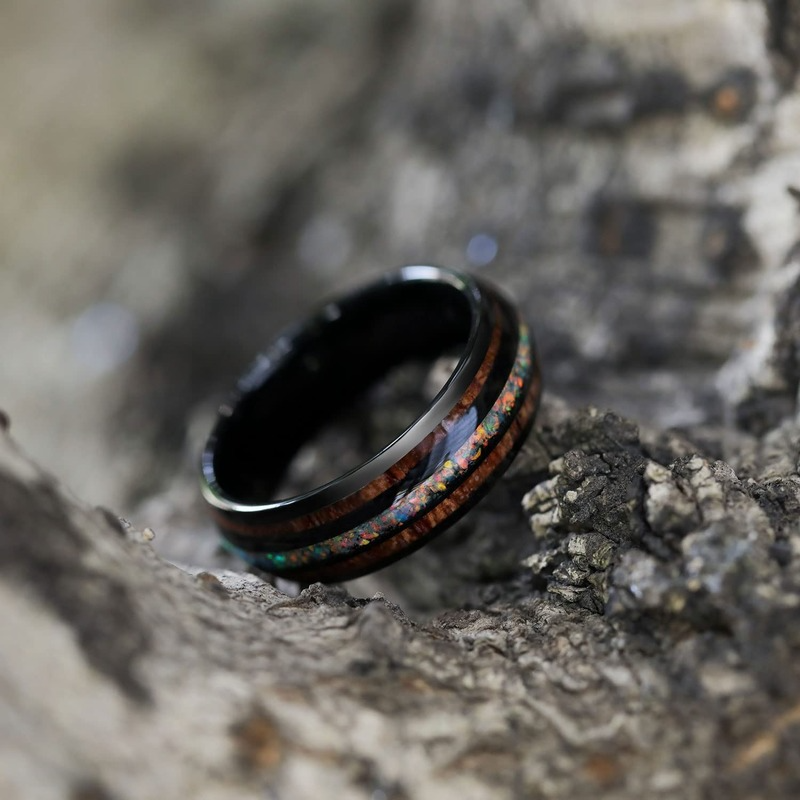 8mm Abalone Shell Black Tungsten Carbide High Polish Real Hawaiian Koa Wood Galaxy Opal Ring