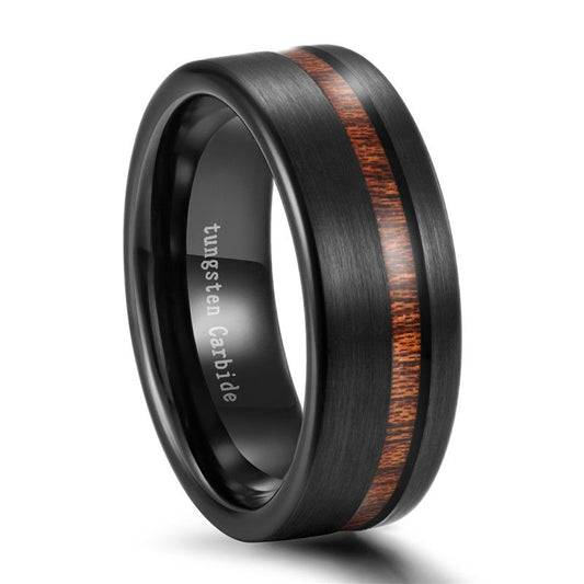 8mm Black Wood Line Tungsten Carbide Ring