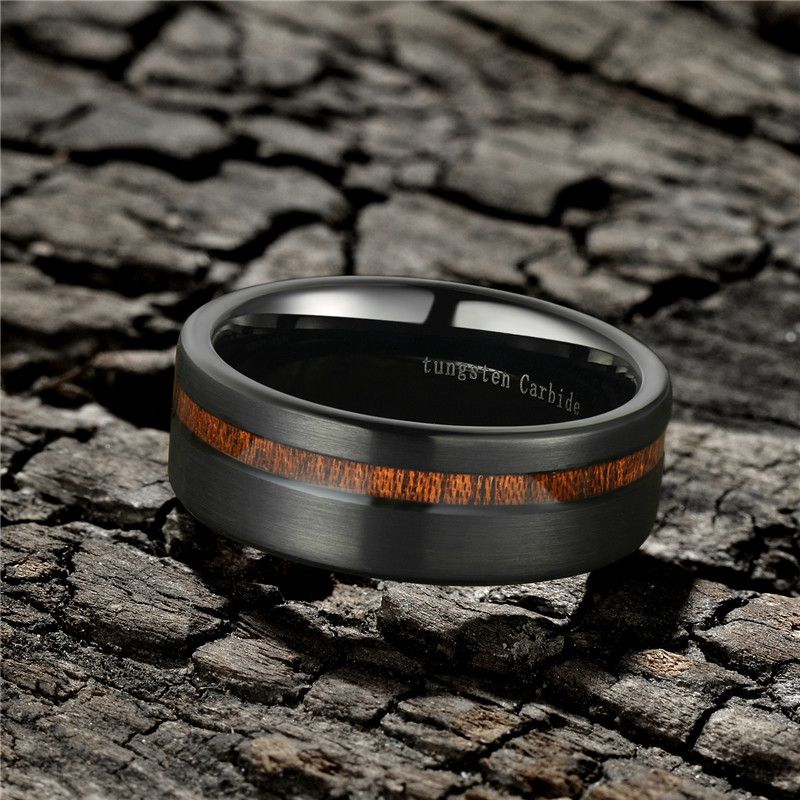 8mm Black Wood Line Tungsten Carbide Ring