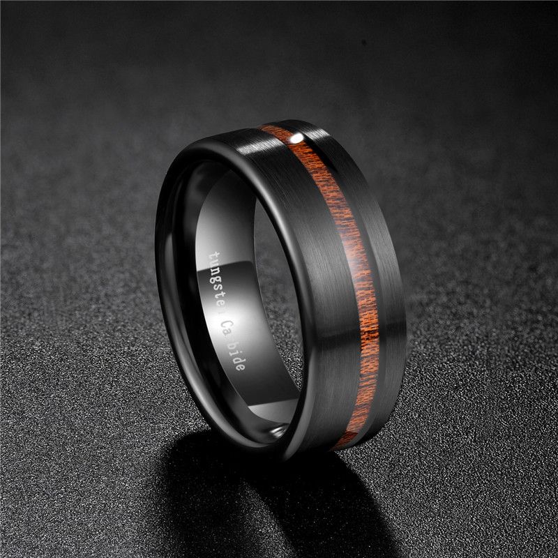 8mm Black Wood Line Tungsten Carbide Ring