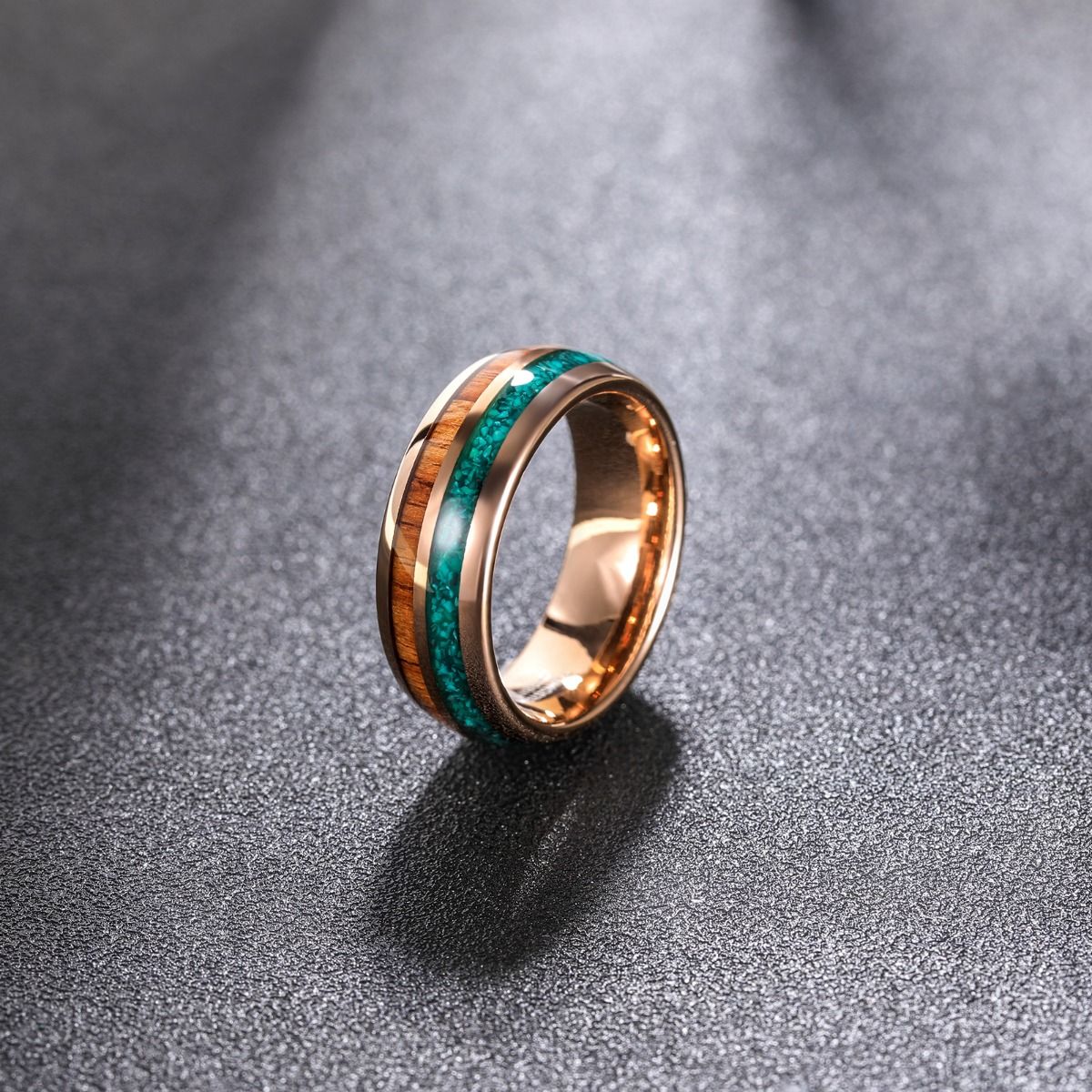 8mm Mens Tungsten Carbide Turquoise/Wood Inlay Beveled Edge Ring