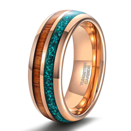 8mm Mens Tungsten Carbide Turquoise/Wood Inlay Beveled Edge Ring