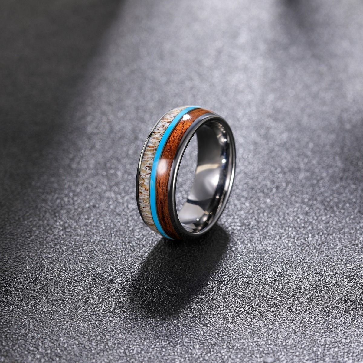 8mm Real Antlers and Turquoise Wood Inlay Tungsten Carbide Ring